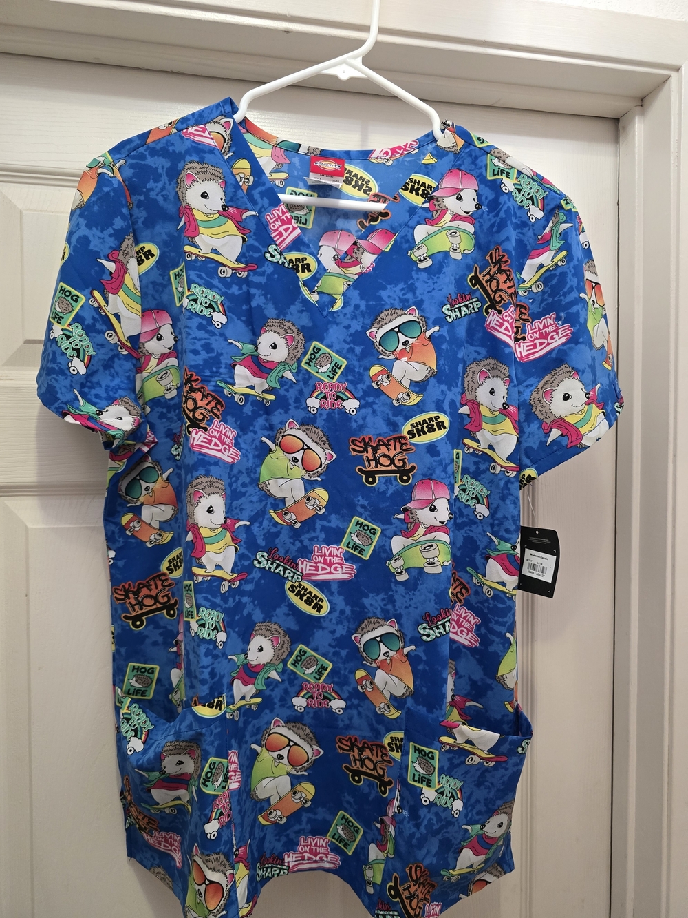 Dickies Bright Blue Hedgehog Skate Print Scrub Top